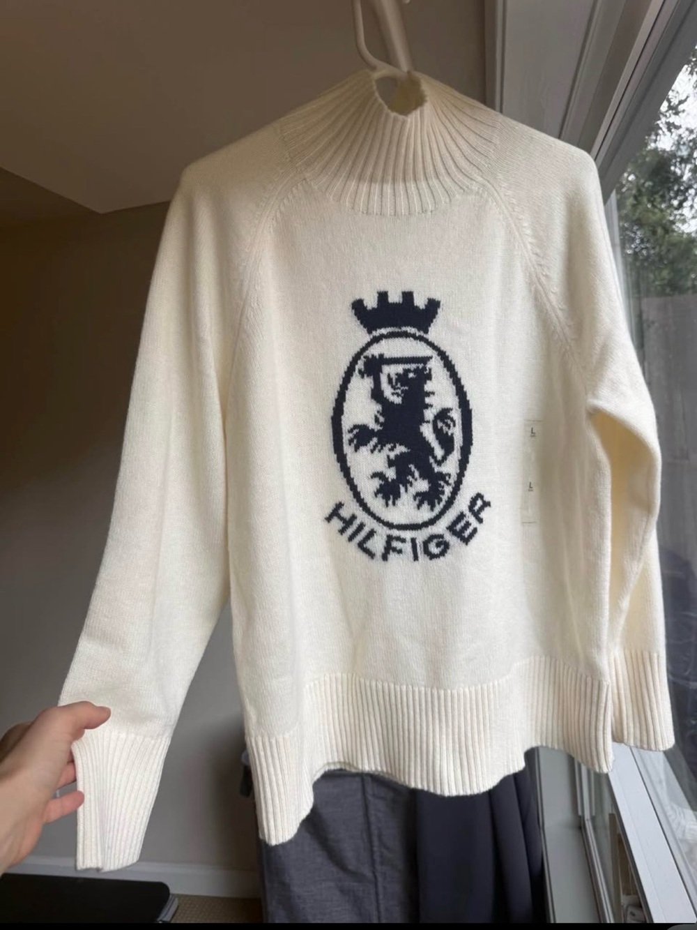 Tommy Hilfiger Cream Turtleneck Sweater with Navy Crest